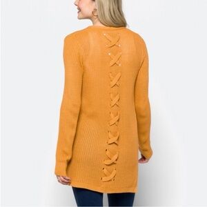 Long Sleeve Mustard Knit Sweater with Back Bow Detail